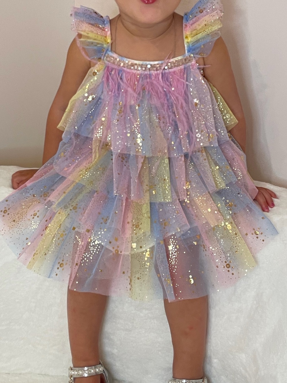 Girls Pastel Rainbow Tulle Dress with Gold Sparkle - Kids Theater Dress